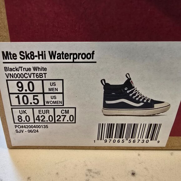 VANS Sk8- Waterproof MTE High Black True White VN000CVT6BT Men's Size 9 NEW - Picture 9 of 9